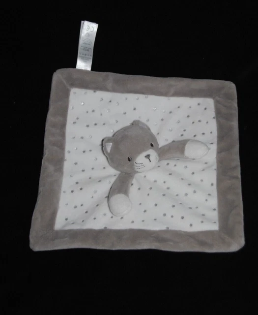 Doudou plat chat  OBAIBI OKAIDI blanc gris étoiles argentées argent Etat NEUF
