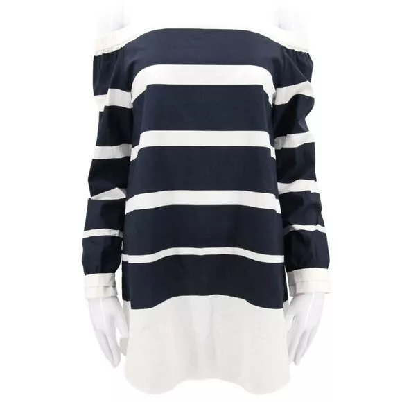 Derek Lam 10 Crosby Navy Blue White Striped Off-the-Shoulder Blouse Tunic Size 8