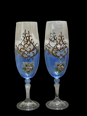 VTG Czech Republic art cristal Blue and Clear Wine glasses  set 2 (handpainted )