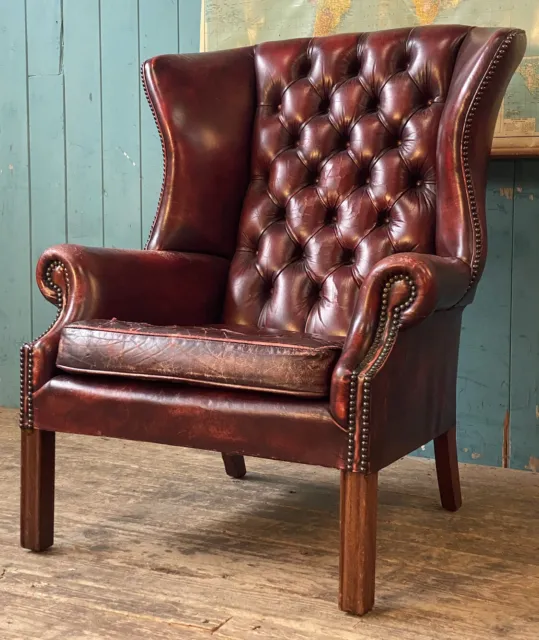 Stunning Vintage Oxblood Red Leather Wingback Button Back Armchair DELIVERY*