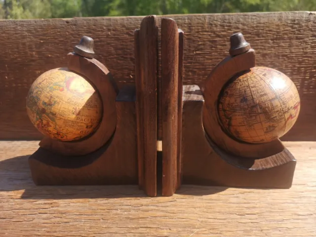 Globe Bookends Rotating Wooden Old World Map Wood Rustic