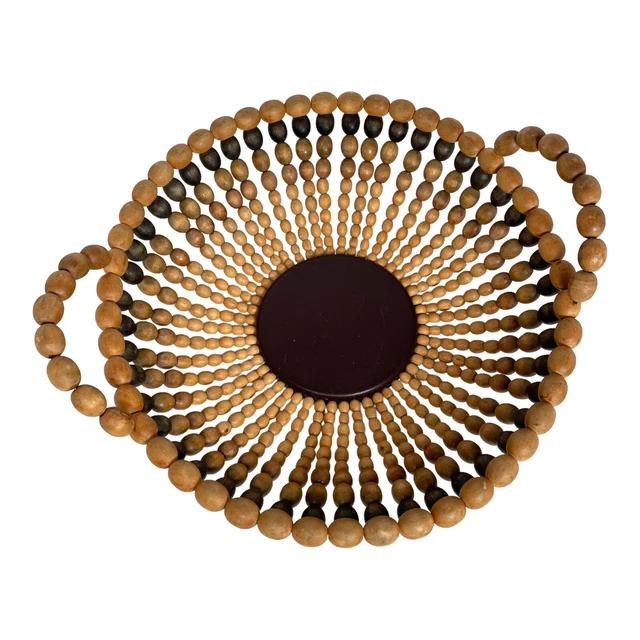 Wooden Ball Beaded Basket With Handles Earth Tones Brow Natural Vintage 10" READ