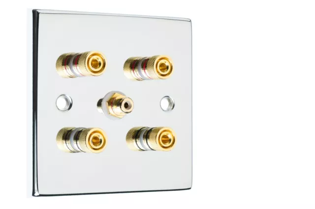 2.1  Audio Speaker Wall Plate 4 Gold Binding Posts + 1 RCA Sub  Socket Chrome