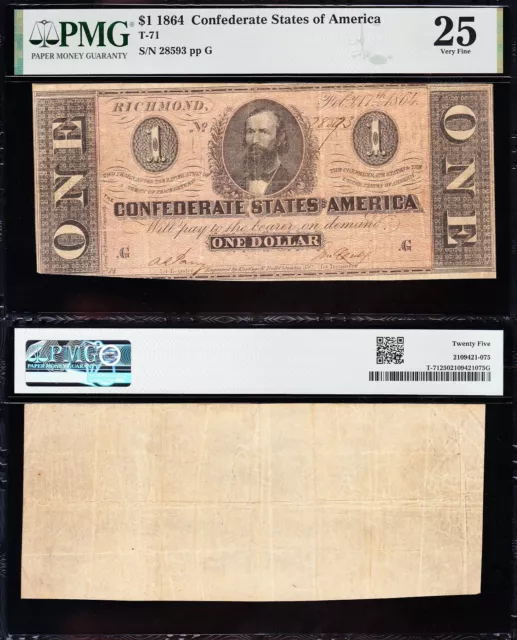 VERY NICE Bold VF T-71 1864 $1 Confederate CSA Note! PMG 25! FREE SHIP! 28593