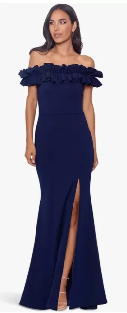 Xscape Navy Naya Off the Shoulder Ruffle Gown Size 8 $258 NWT