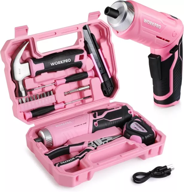 WORKPRO Werkzeugset Rosa pink 18 tlg. mit USB C Akkuschrauber klein, Damen