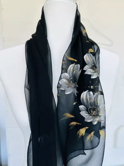 Ben Goodman Vtg Black W/Madonna Lilies 100% Silk Hand Rolled So Beautiful