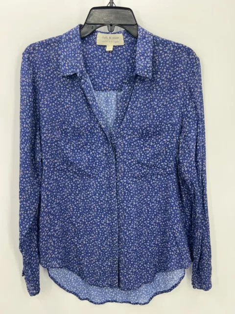 Cloth & Stone Top Womens Medium Blue Floral Long Sleeve Button Up Boho Blouse