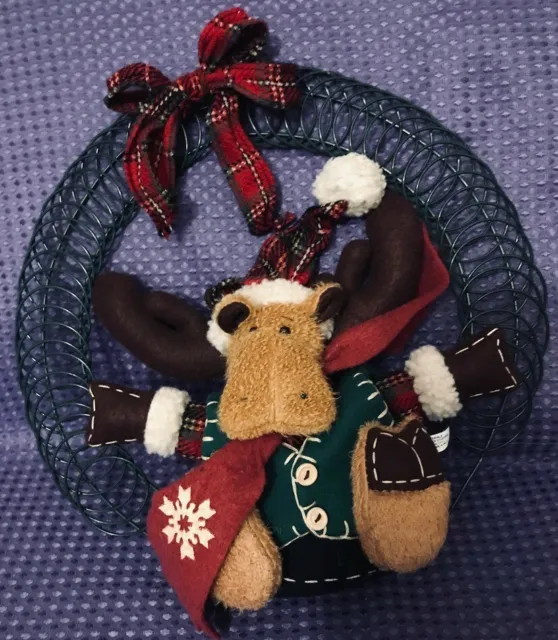 Christmas Plush Moose on Dark GreenCircular Metal Wreath
