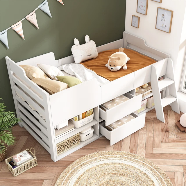 KIDS CABIN BED Mid Sleeper Bed Frame Storage Bed with Drawers and ...