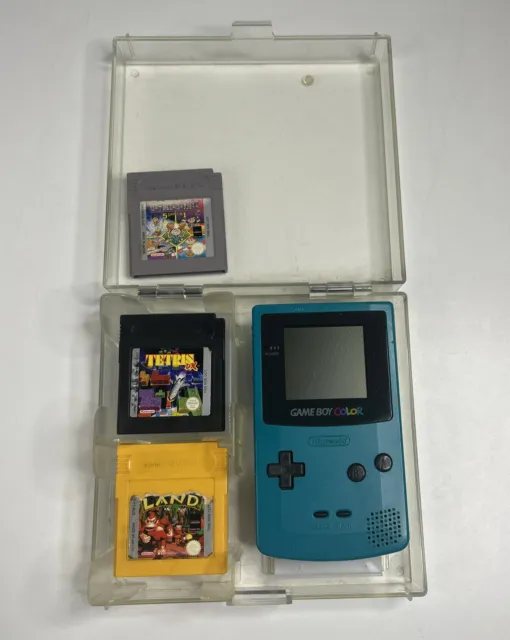 Nintendo Gameboy Color Console Teal 3 Games and Genuine Gameboy Hard case (Rare)