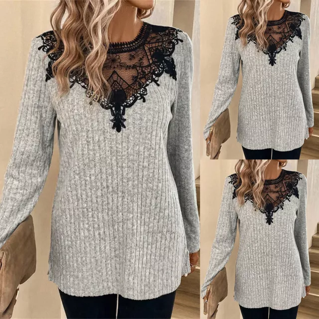 Womens Long Sleeve Ribbed Lace Tunic Tops Ladies Casual Blouse T-Shirts Tee US