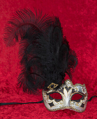 Mask from Venice Colombine Heart IN Feathers Ostrich Black Golden 855 S13B