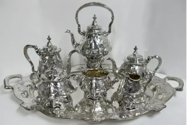 Gorham Martele, Complete Sterling Silver Tea Set With Tray & Tilting Kettle RARE