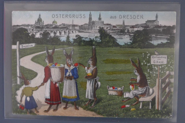 alte Ansichtskarte Dresden, Cannalettoblick, Osterhasen, Ostern