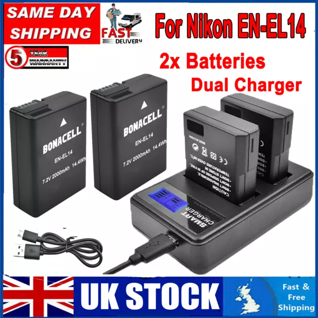 2000mAh EN-EL14 EN-EL14a Battery & Charger for Nikon D3100 D3300 D5500 D5100 DF