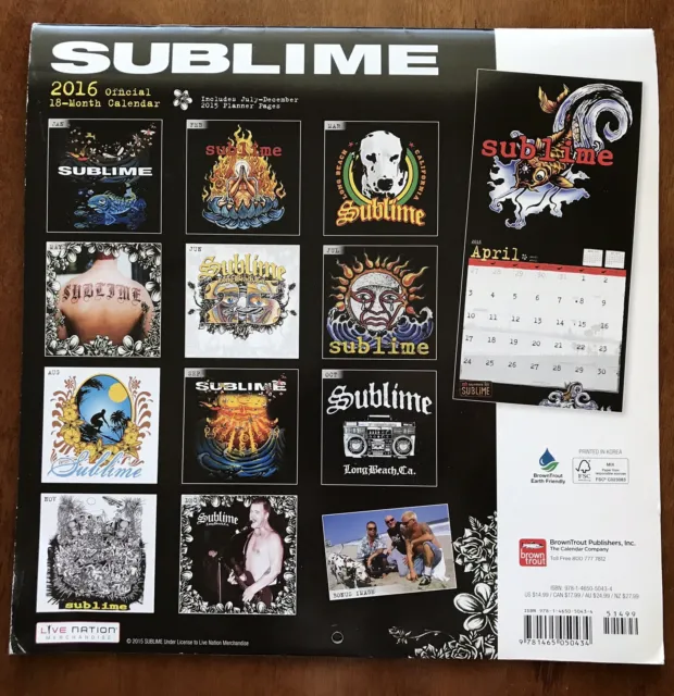 Sublime Skunk Records 12x12” 2016 Calendar BACK COVER ONLY Poster Band Photo