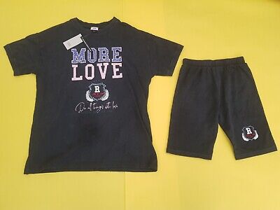 River Island Girls 7-8 Washed Black Diamante Top T Shorts Matching Set Outfit