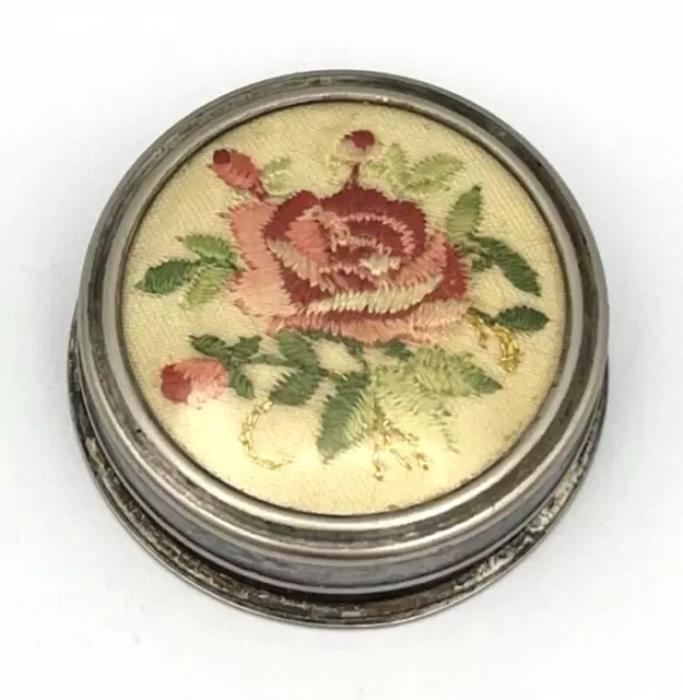 Vintage Pillendose Antik Schmuckbox Rose Stickerei Silber Blumen Schatulle #1290