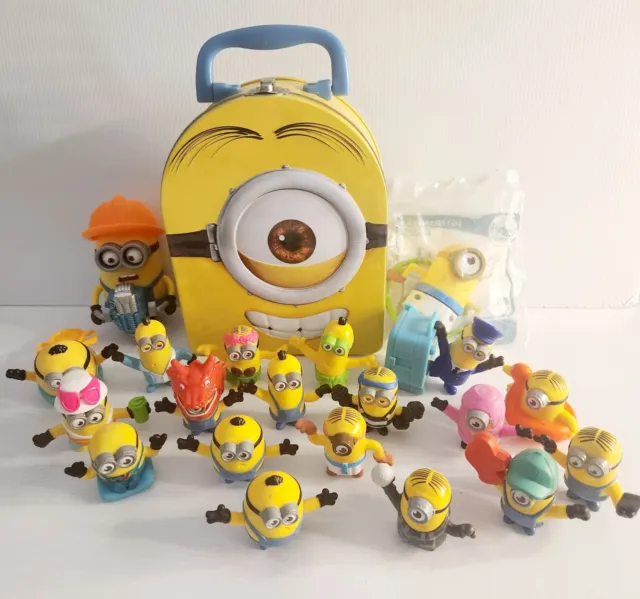 Minions x 19  Figures McDonalds Happy Meal Toys, Jack hammer Minion & Tin Box