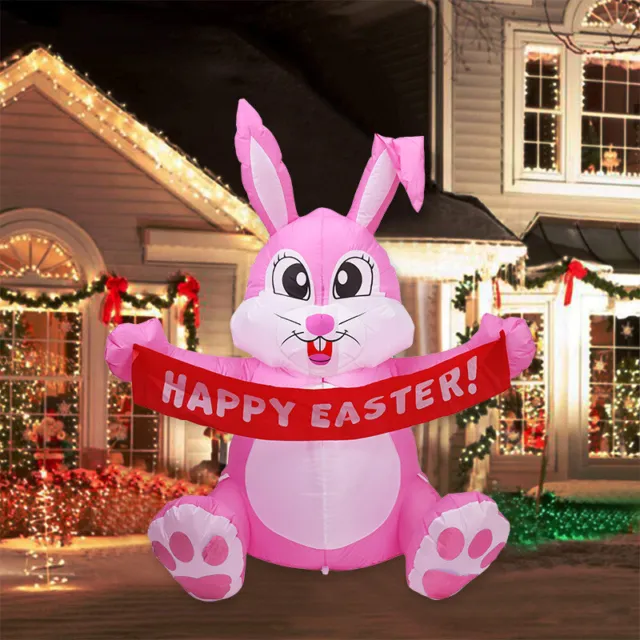 5’FT Easter Pink Bunny Inflatable Lighted Yard Decorations LED Blow up Rabbit