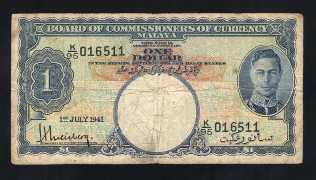 1941 Malaya One Dollar Banknote - Fine Condition - Sn: K/95 016511 - P11