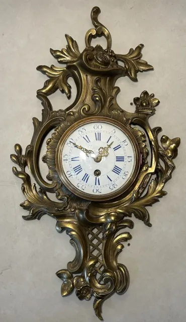 French Brass Bronze Cartel Rococo Wall Clock Fancy Hands Time Only