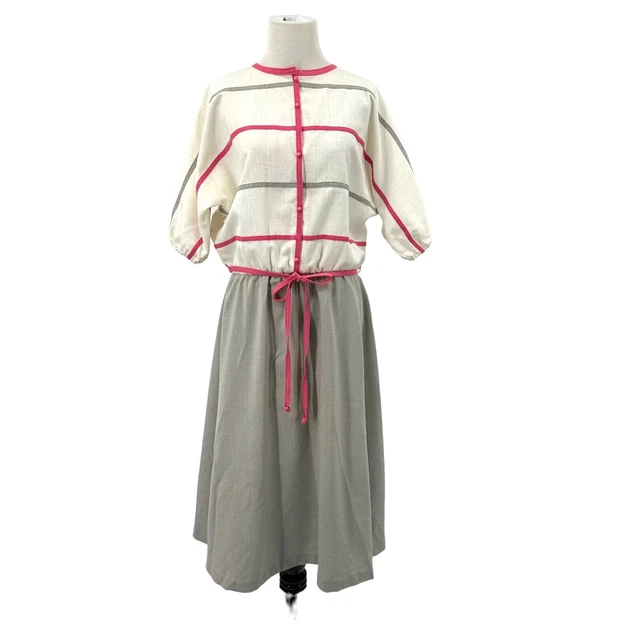 1960s Vintage Dress Toni Todd Sz 16 Gray Pink Stripe Full Skirt Dolman Mod MCM