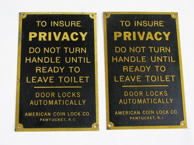 2 Antique BRASS PAY TOILET SIGNS - 2 5/8" X 4"