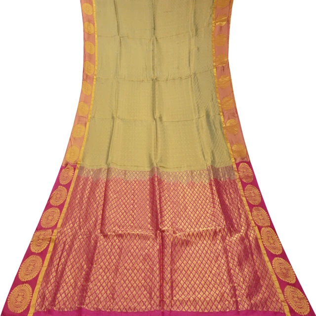 Vintage Color Oro Sari 100% Pura Seta Zari Tessuto a Mano 4.6m Craft
