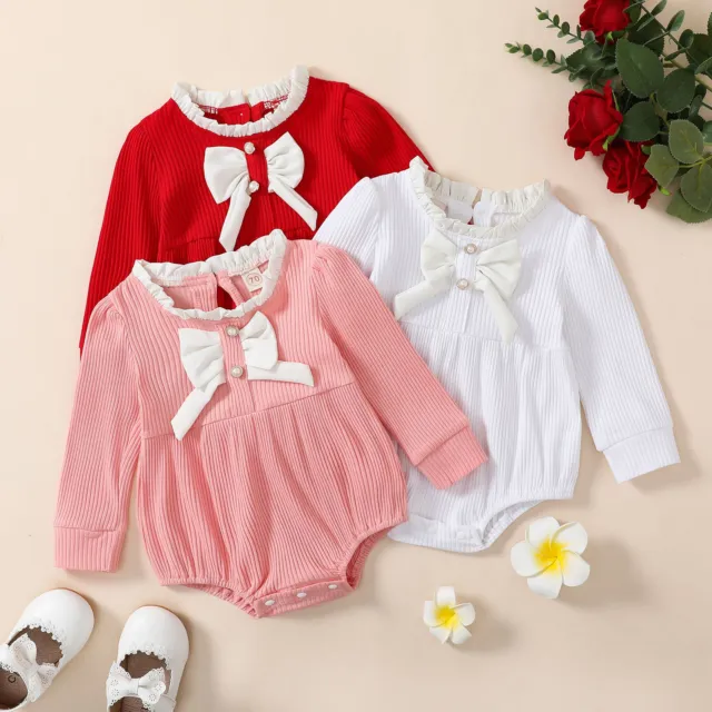 Infant Girls Long Sleeve Ruffles Ribbed Bowknot Pullover Romper Tops Bodysuits