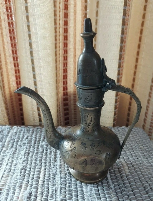 Vintage India Brass Engraved 6" Hinge-Lidded Tea Pot Pitcher Ewer Decor Piece