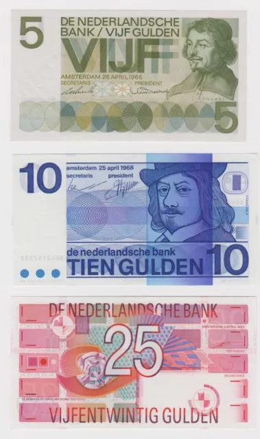 Netherlands 25 10 & 5 Gulden x 3 notes 1966 1968 1989 EF to UNC