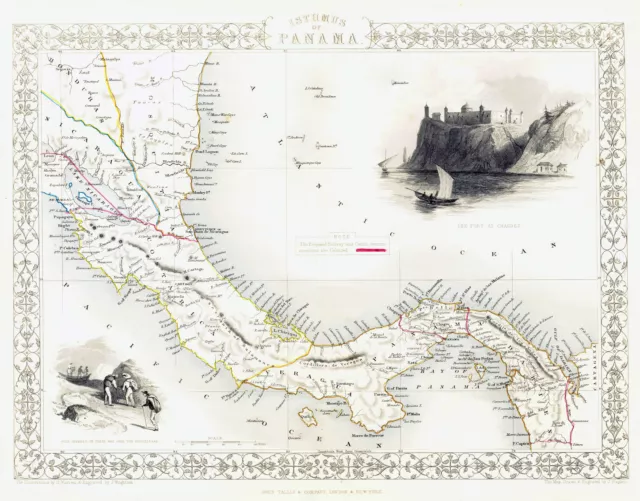 1850 Original Antique Map ISTHMUS OF PANAMA by Tallis (TM4-33)