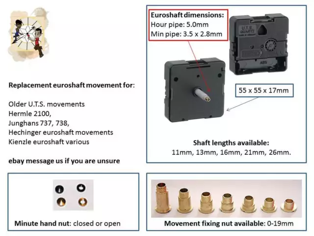 Quartz UTS Euroshaft clock movement, Hermle,Junghans, Hechinger, Kienzle, D.I.Y.