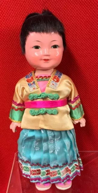 VTG Composition Chinese  Doll-Asian Girl Silk Outfit-All Original-Jointed