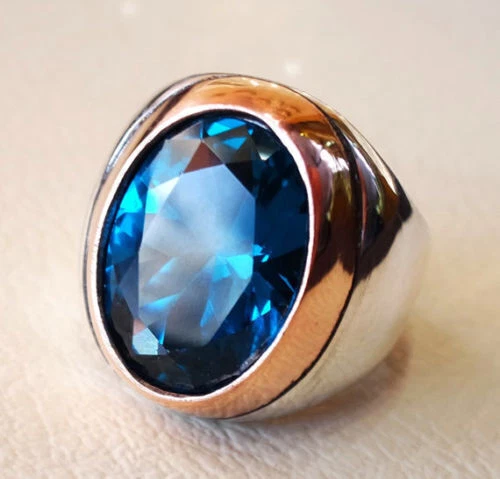 Bague unisexe pour homme en argent sterling 925 avec topaze bleue taillée...