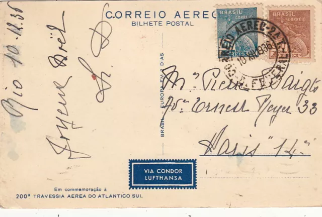 Lettre/Cover Brazil Carte Via Condor Lufthansa, Brésil pour Paris 1936 2