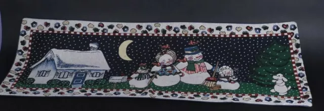 Snowman Family Winter Scene Tapestry Table Runner 36 x 13 Woven