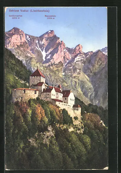 AK Vaduz, Blick auf das Schloss gegen Goldlochspitze und Rappenstein 1926