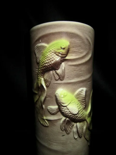 Royal Coplay Pottery 8" Brown Lime Green Koi Gold Fish Vase