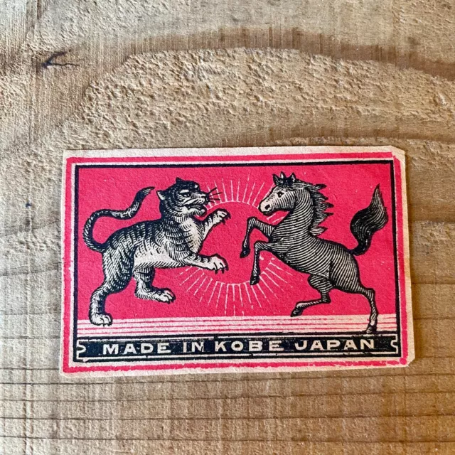 Old matchbox label Tiger horse made in Kobe Japan export antique prewar art A17