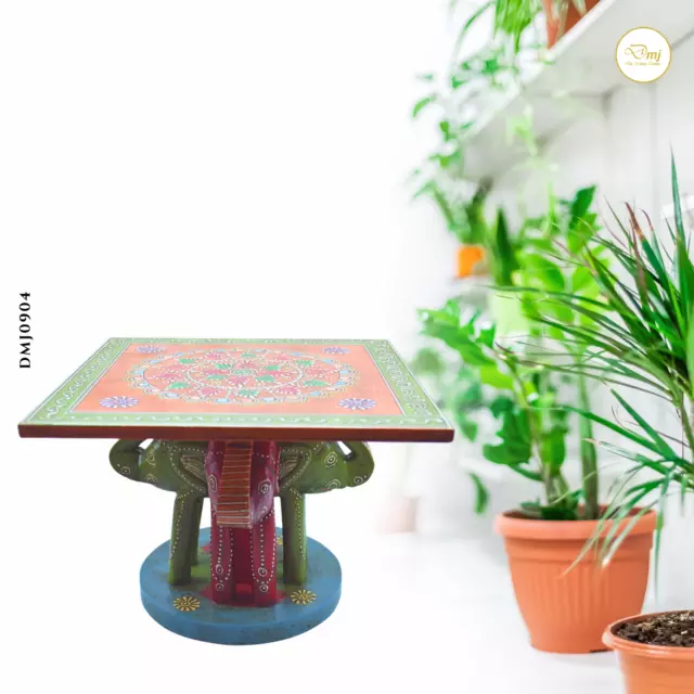 Wooden Elephant Table | Wood Carved Kids Stool | Indian Hand Painted Table Decor