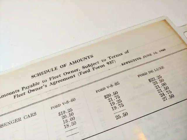 1940 Ford Schedule of Amounts Payable to Fleet Owner Ephemera