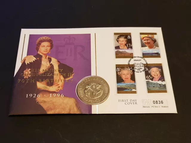 1996 Falklands Queen Elizabeth II's 70th Birthday 50p 50 Pence Coin Cover FDC