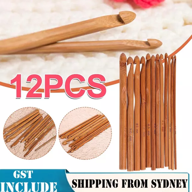 12pcs Bamboo Crochet Hooks Set Handle DIY Crafts Wooden Knitting Needle 3-10mm