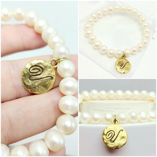 Pearl Bracelet Gold Letter V Initial Or Stamp