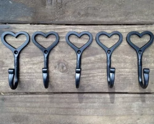 5pc Wrought Cast Iron Love Heart Hooks Wall Mounted Coat Key Towel Hanger Rustic