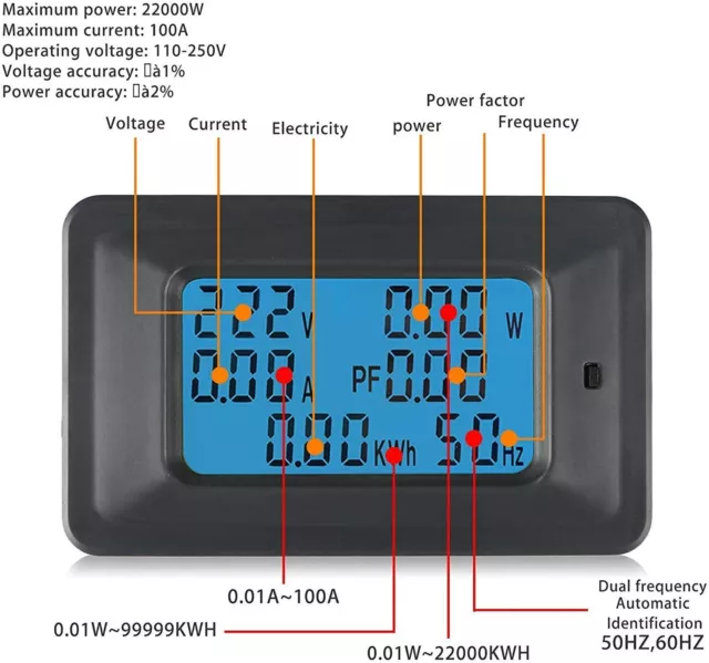 AC Combo Multi Meter 6in1 250V50A Volt Amp Power Factor Energy Kwh Frequency CT