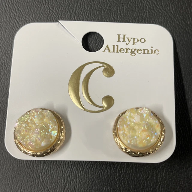 Charming Charlie Gold White Stone Iradescent Earrings Hypoallergenic